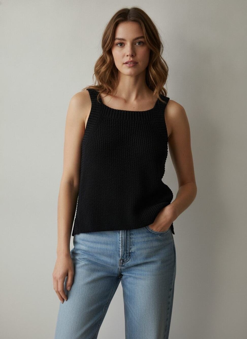 J.Crew Basket-Stitch Knit Tank, Black, S